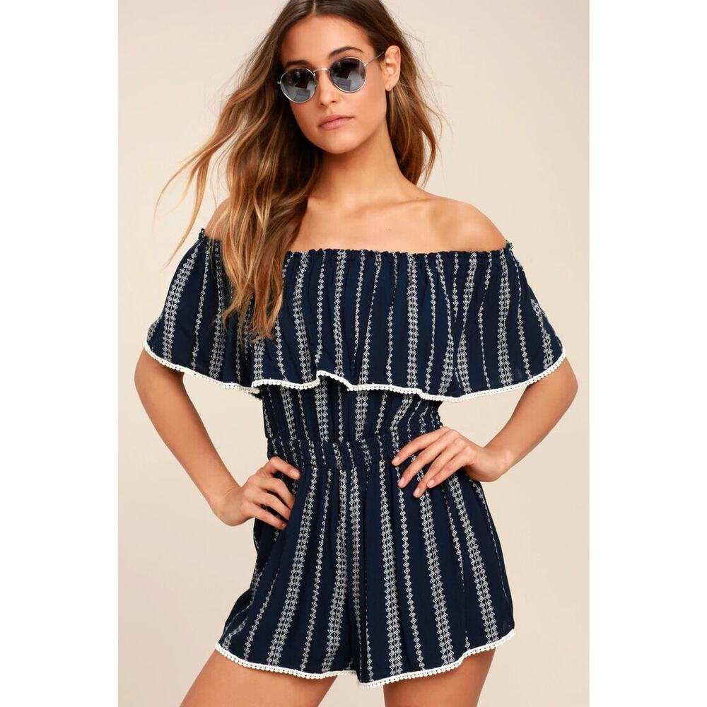 LULU'S | sz S Women's Blue/White Striped See Ya There Off Shoulder Ruffle Romper